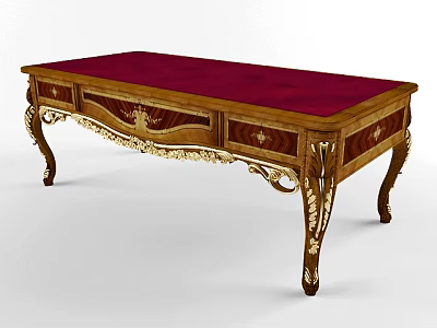 Antique Wooden Desk With Red Velvet Top And Ornate Gold Carved Legs 3d model