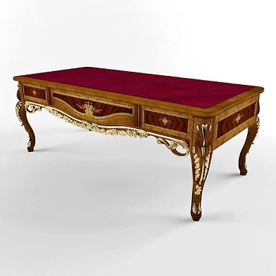 Antique Wooden Desk With Red Velvet Top And Ornate Gold Carved Legs 3d model