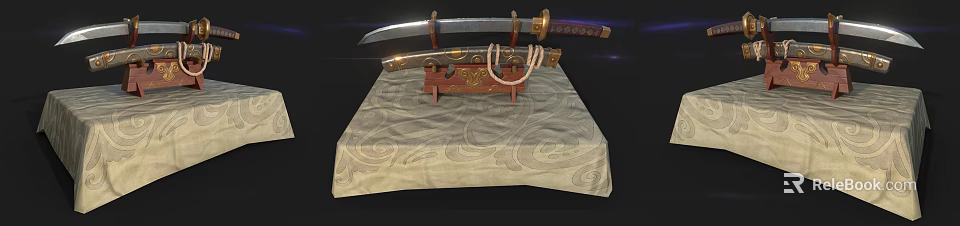 Traditional Japanese Swords With Golden Decorated Hilt And Red Scabbard On Ornamental Patterned Cloth 3d model 