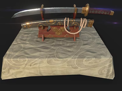 Traditional Japanese Swords With Golden Decorated Hilt And Red Scabbard On Ornamental Patterned Cloth 3d model
