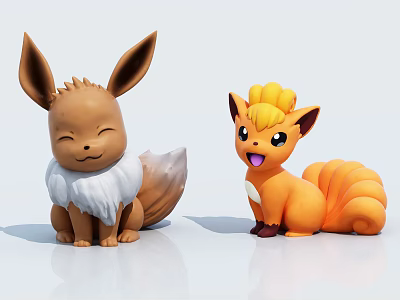 Two Cute Stuffed Plush Toys Brown Eared with White Mane and Orange Fluffy Tail Sitting 3d model