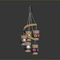 Decorative Chandelier with Multiple Vibrant Lantern Shades and Curved Hanging Frame