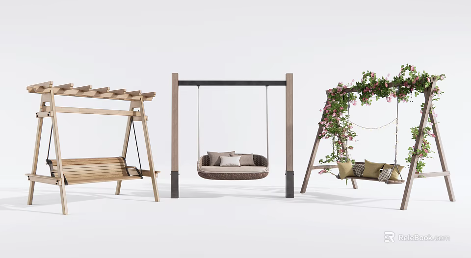 Different Style Outdoor Swings With Wooden Frames Cushioned Seats And Climbing Plants 3d model 