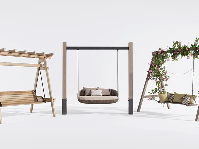 Different Style Outdoor Swings With Wooden Frames Cushioned Seats And Climbing Plants 3d model