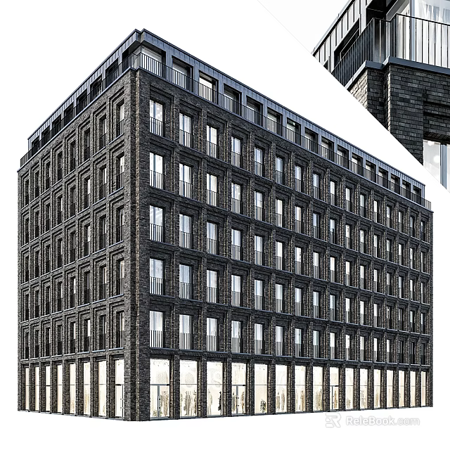 Modern Mid Rise Brick Residential Building With Uniform Windows And Dark Exterior Design 3d model 