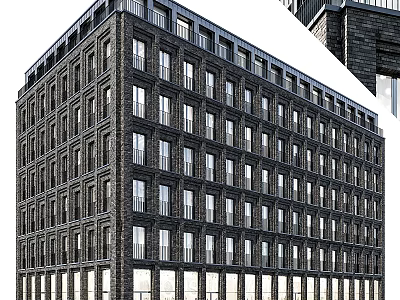 Modern Mid Rise Brick Residential Building With Uniform Windows And Dark Exterior Design 3d model