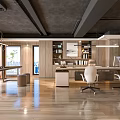 Modern Office Interior With Dark Ceiling Wooden Desks White Chairs Bookshelves And Green Plant