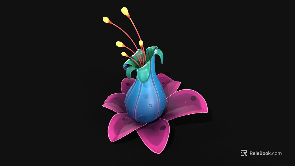 Colorful Floral Design With Pink Petals Blue Vase Like Structure And Yellow Stamens 3d model 