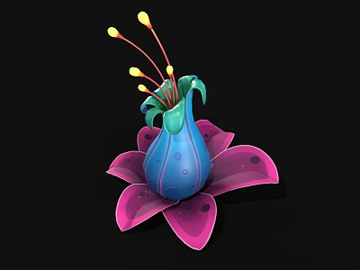 Colorful Floral Design With Pink Petals Blue Vase Like Structure And Yellow Stamens 3d model