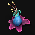 Colorful Floral Design With Pink Petals Blue Vase Like Structure And Yellow Stamens