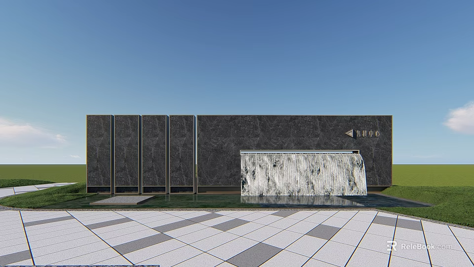 Stone Feature Wall With Waterfall Design Under Blue Sky And Paved Ground 3d model 