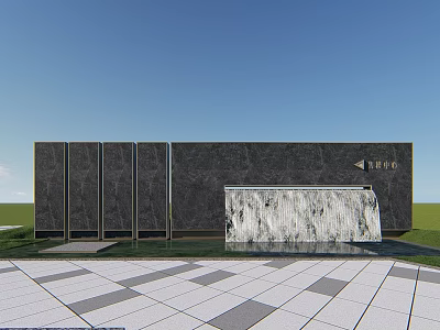 Stone Feature Wall With Waterfall Design Under Blue Sky And Paved Ground 3d model