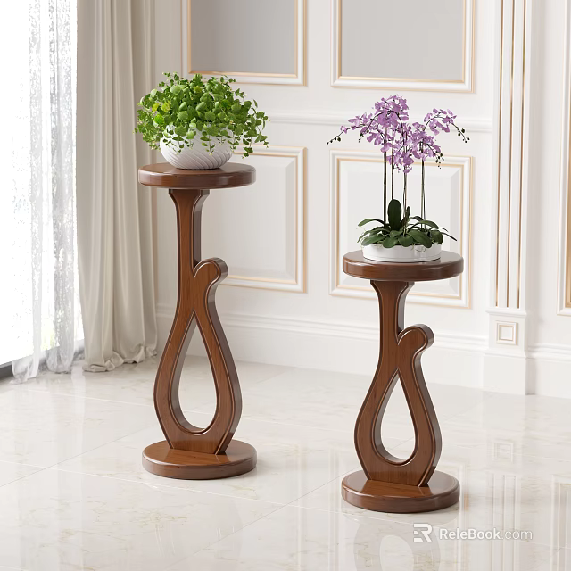 Wooden Curved Plant Stands With Green Plant And Purple Orchid Near Window 3d model 