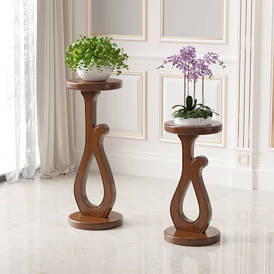 Wooden Curved Plant Stands With Green Plant And Purple Orchid Near Window 3d model
