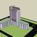 Modern High Rise Office Building Featuring Glass Curtain Walls Red Accents Green Lawns Parking Areas