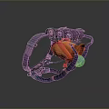 Purple And Orange Mechanical Character With Head Like Structure And Blue Glowing Orb