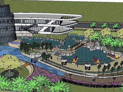 Modern Architectural Landscape Design With Water Features Green Spaces And Walkways 3d model