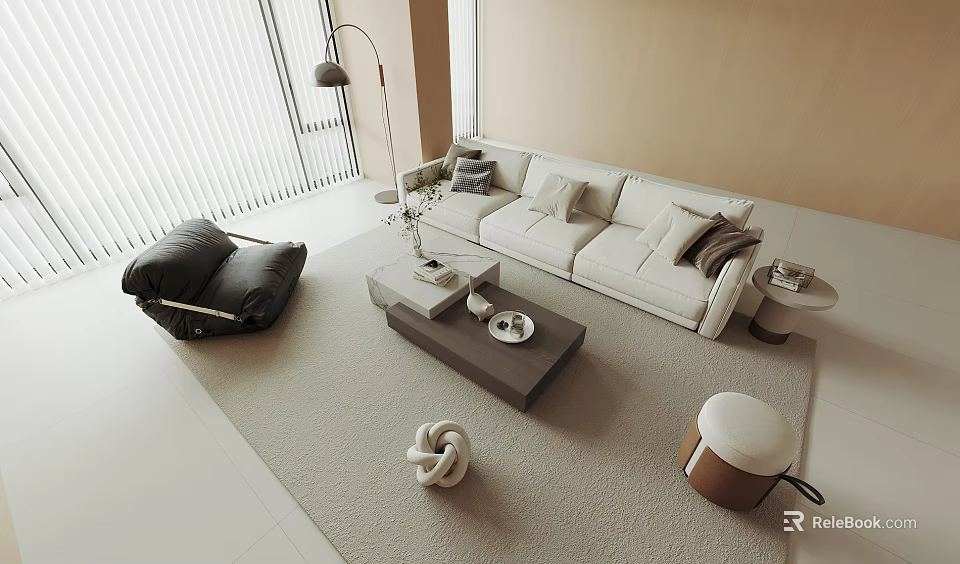 Modern Sofa Coffee Table Combination with Black Armchair Floor Lamp and Decorative Rug 3d model 