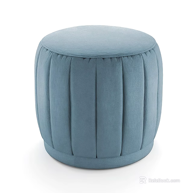 Round Light Blue Upholstered Ottoman With Pleated Design For Living Room 3d model 