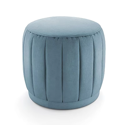Round Light Blue Upholstered Ottoman With Pleated Design For Living Room 3d model