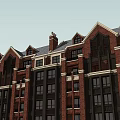 Red Brick Multi Story Building With Stone Base Windows And Decorative Roof 3d model