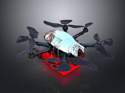 Aerospace Drone With Red Base Silver Cover And Multiple Propellers For Cosmic Missions 3d model
