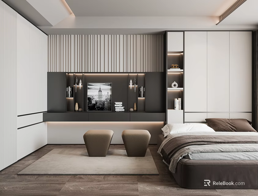 Modern Tatami Bedroom Interior With Platform Bed Storage Cabinets And Striped Wall Lighting 3d model 