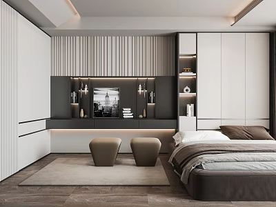Modern Tatami Bedroom Interior With Platform Bed Storage Cabinets And Striped Wall Lighting 3d model