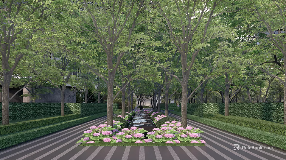 Residential Landscape Design With Lined Trees Pink Hydrangeas And Striped Walkway Layout 3d model 