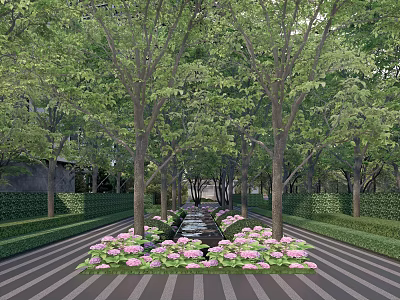 Residential Landscape Design With Lined Trees Pink Hydrangeas And Striped Walkway Layout 3d model