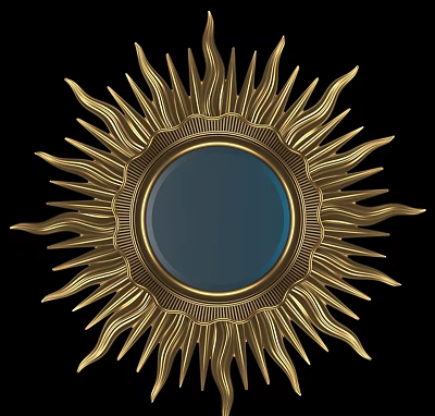 Sunburst Shaped Golden Mirror with Blue Reflective Surface and Intricate Radiating Patterns on Black Background 3d model