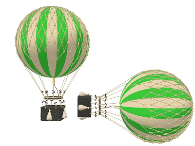 Green And White Striped Hot Air Balloons As Recreation Equipment With Netted Design And Baskets 3d model