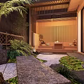 Serene Garden Landscape With Bamboo Roof Lush Green Plants Mossy Stones And Winding Path