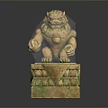 Traditional Stone Lion Statue With Intricate Carvings On Green Patina Pedestal Base