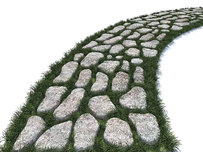 Curved Garden Stepping Stone Path With Natural Stones And Green Grass 3d model