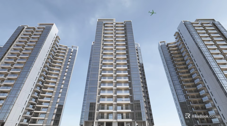 Modern High Rise Residential Buildings Featuring Glass Curtain Wall Under Blue Sky With Airplane 3d model 