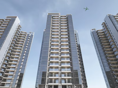 Modern High Rise Residential Buildings Featuring Glass Curtain Wall Under Blue Sky With Airplane 3d model