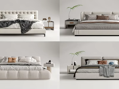 Modern Double Bed Designs With Pillows Blankets Nightstands And Green Plants 3d model
