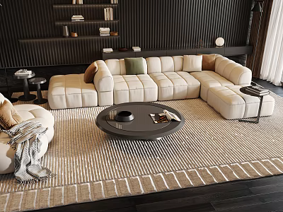 Modern Beige L shaped Sofa and Black Round Coffee Table Set with Throw Pillows and Rug 3d model
