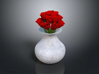 Decorative White Hexagonal Textured Carved Vase With Fresh Red Roses Arrangement 3d model