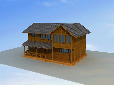 Traditional Ancient Building With Wooden Structure Two Story Tile Roof And Windows 3d model