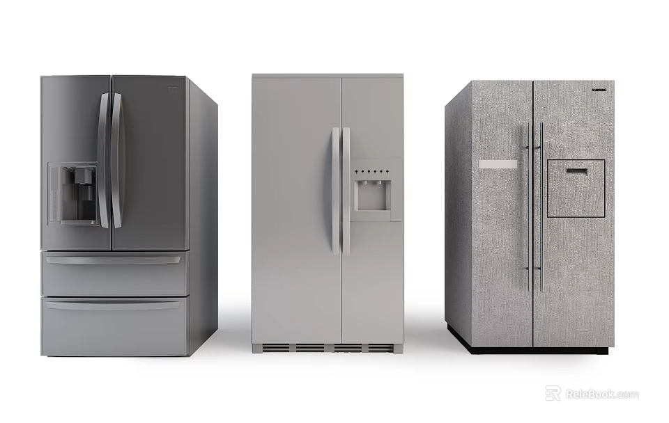 Three Modern Refrigerators With Various Door Styles And Sleek Metallic Finishes 3d model 