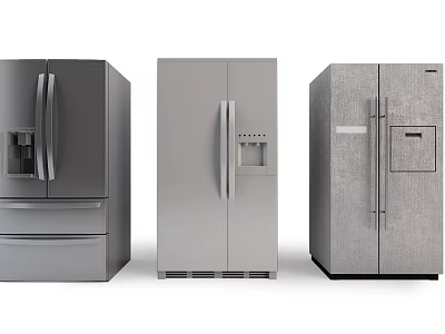 Three Modern Refrigerators With Various Door Styles And Sleek Metallic Finishes 3d model