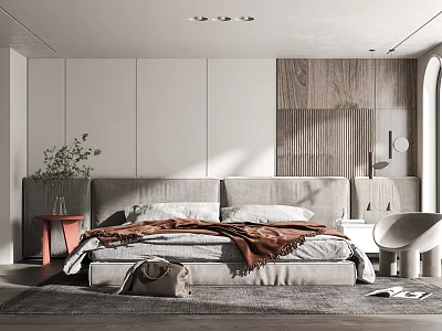 Modern Bedroom Interior Design With Wooden Accent Wall Cozy Carpet And Green Plant 3d model