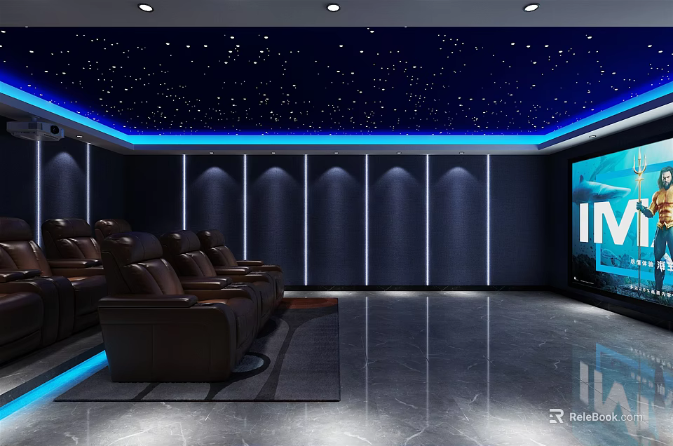 Modern Home Theater Interior Design With Starry Sky Ceiling Leather Seats And Large Screen 3d model 