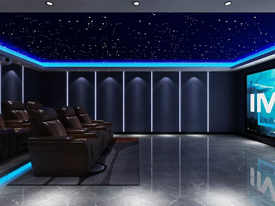 Modern Home Theater Interior Design With Starry Sky Ceiling Leather Seats And Large Screen 3d model