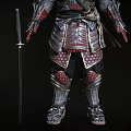 Red Faced Demon Character In Ornate Samurai Armor With Horned Helmet And Metallic Details