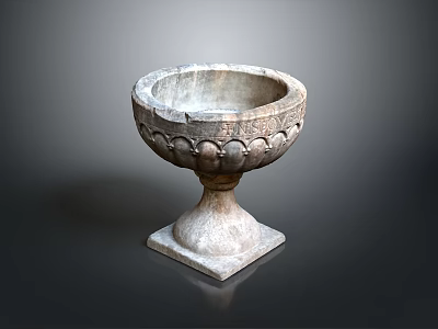 Carved Stone Pedestal Bowl With Decorative Edge And Square Base 3d model