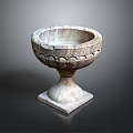 Carved Stone Pedestal Bowl With Decorative Edge And Square Base