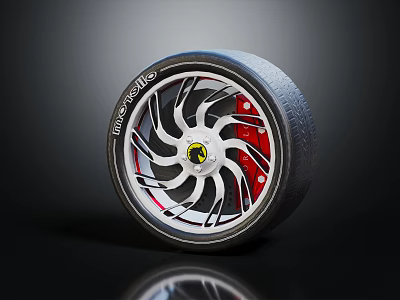 Firestone Performance Wheel with Silver Spokes Red Brake Calipers and Yellow Center Logo 3d model
